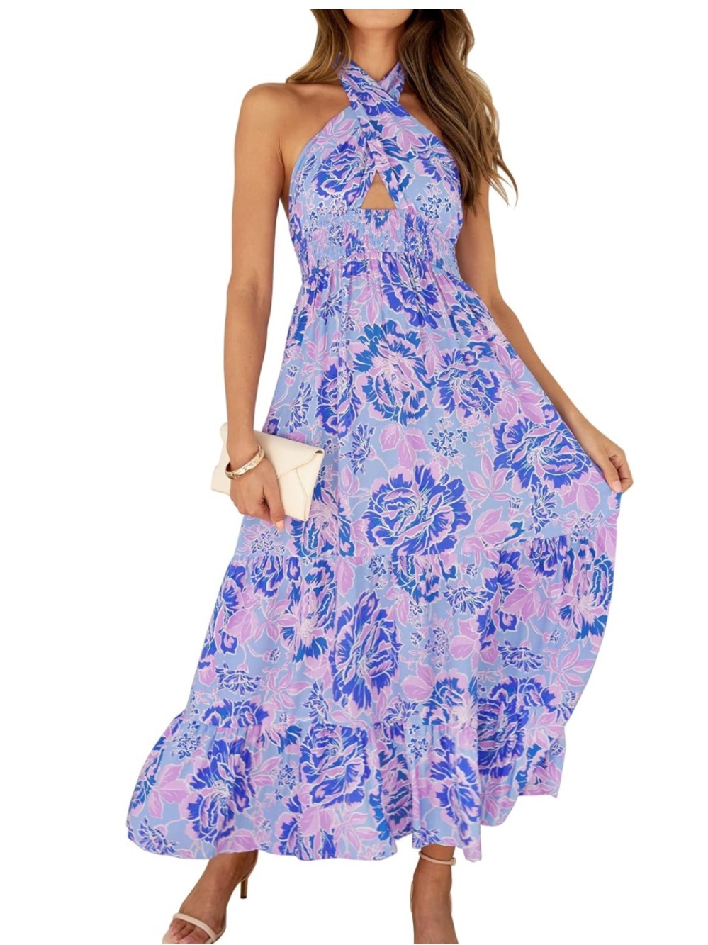 Cross-Neck Floral Maxi Dress in Lavender and Pink